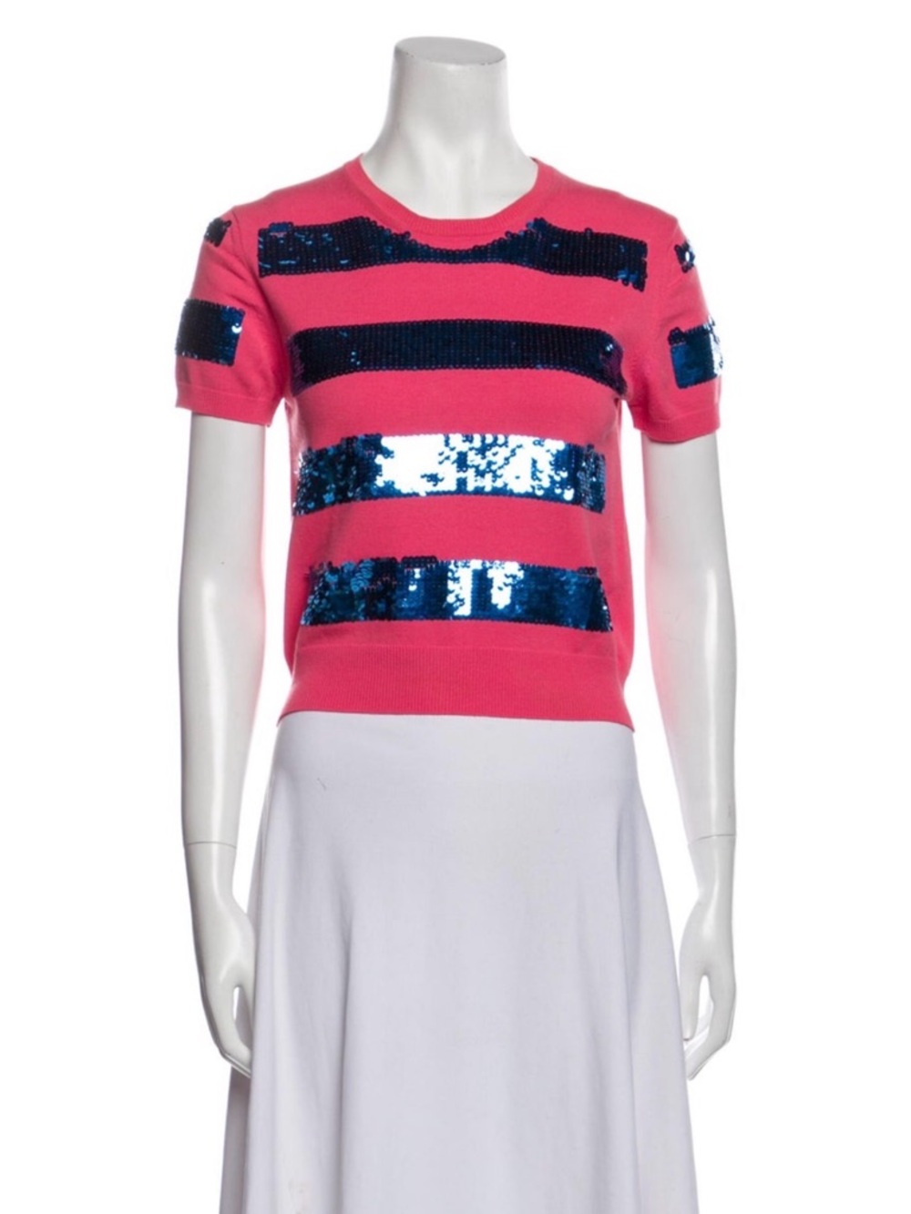 Pink Short-Sleeve Blue Sequin Stripe Top